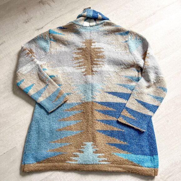 BNWT J.Jill Women Sz Medium Petite Aztec Boho Shawl Cardigan Sweater Blue Brown - Picture 7 of 8